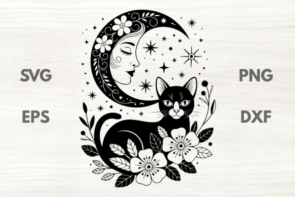 Black Cat with Moon Lady and Floral SVG Graphics and Illustrations