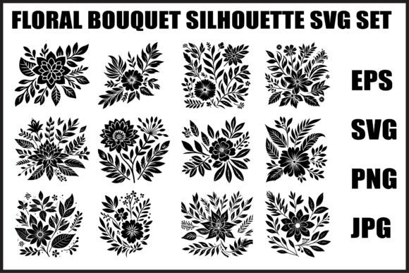 Black Floral Bouquet Vector Set Graphics and Illustrations Review