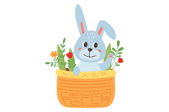 Bunny in Spring Basket. Floral Season Ca Graphics and Illustrations