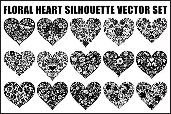 Floral Heart SVG Silhouette Set Graphics and Illustrations