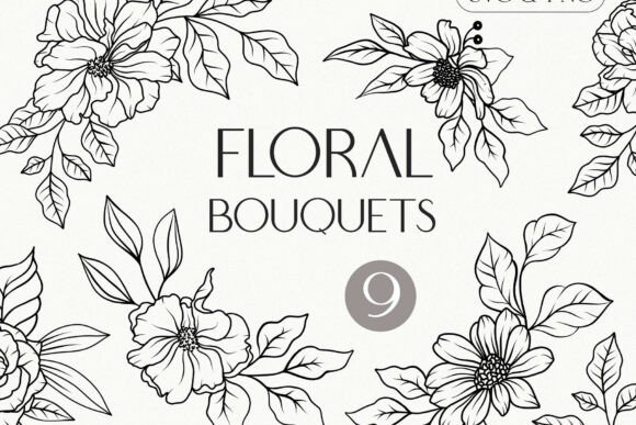 Floral Line Art Bouquets Clipart Graphics and Illustrations