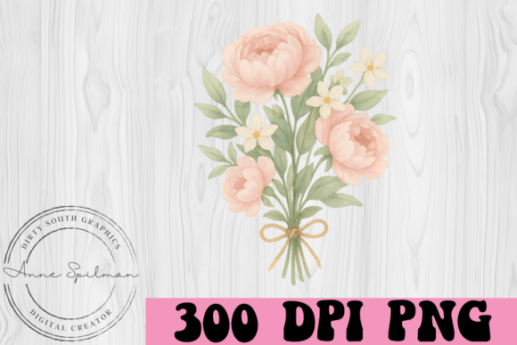 Ivory Pink Floral Bouquet W Bow Graphics and Illustrations