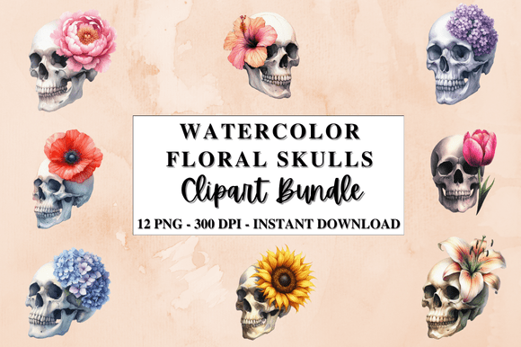 Watercolor Floral Skulls Clipart Bundle for Graphics and Illustrations