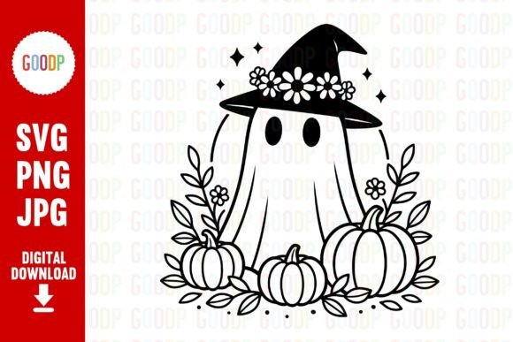 Witchy Floral Ghost with Pumpkins Png Graphics and Illustrations